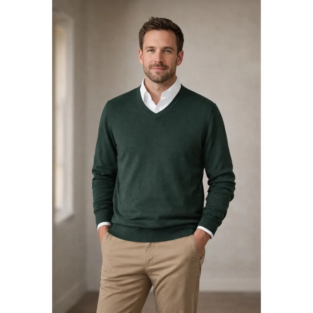 Banana Republic V-Neck Sweater Men Large Green Silk Cotton Cashmere Luxury Blend